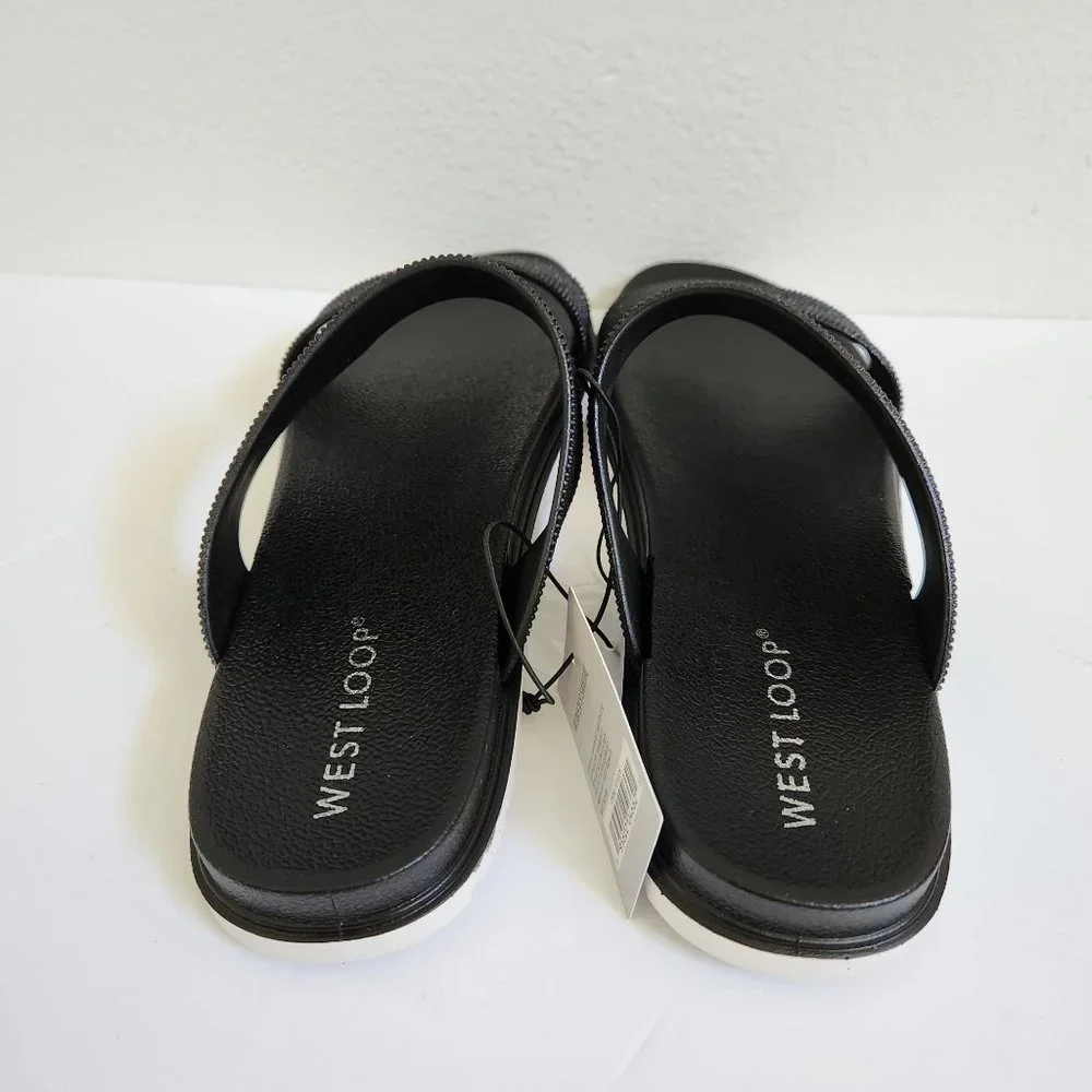 West Loop Women's Casual Slip-on Glitter Slide Sandals, Black Size 7-8